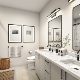 bathroom with mirror sinks toilet and shower