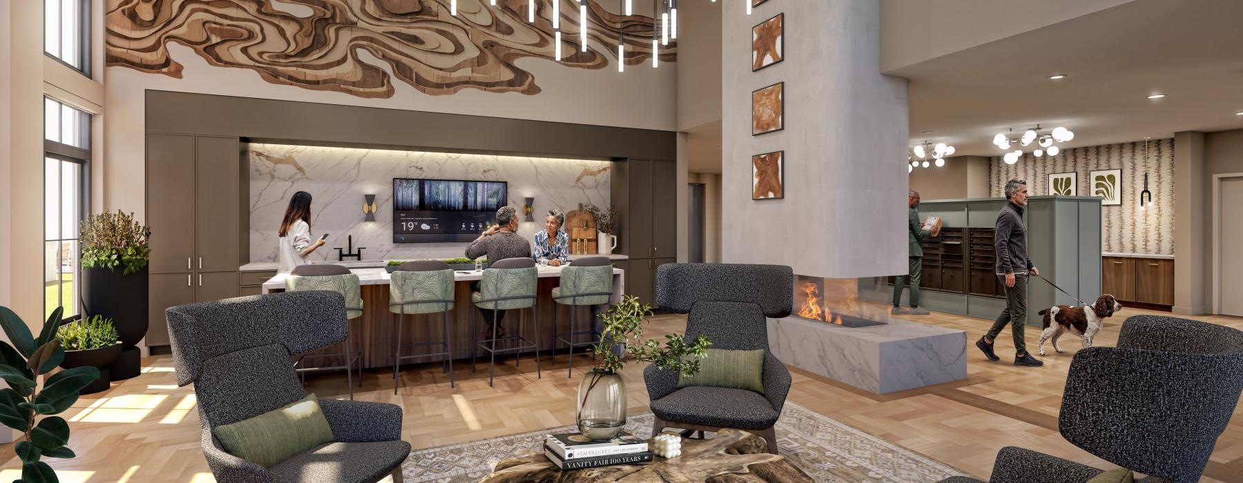 a room with a table chairs and people in it