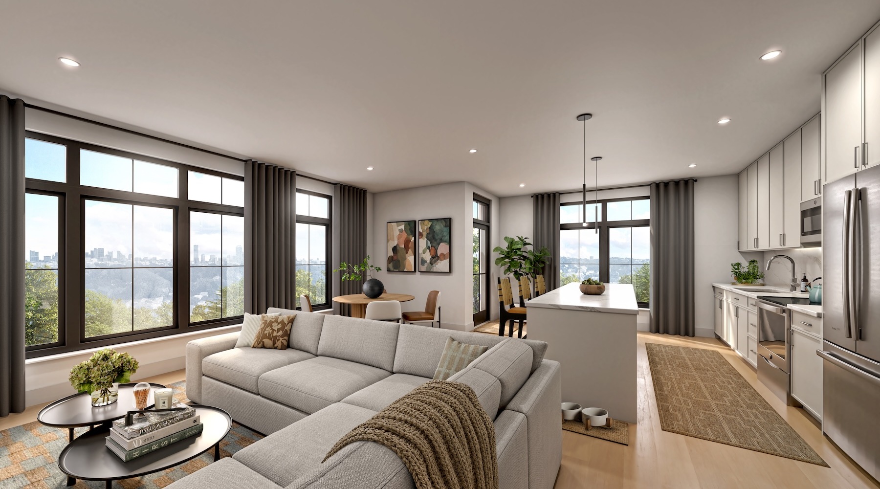 living room with furniture and a view of a kitchen with large windows